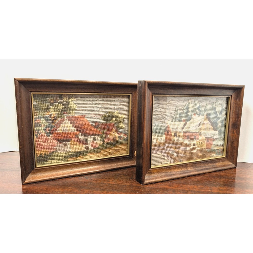Antique 1930 Needlepoint Cottage Landscape Pair Framed Wood Cottagecore Wall Art